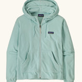 Patagonia women's micro d hooded fleece in pastel blue. Shows a full length front zip, pouch pockets and drawstring cord around the hood.
