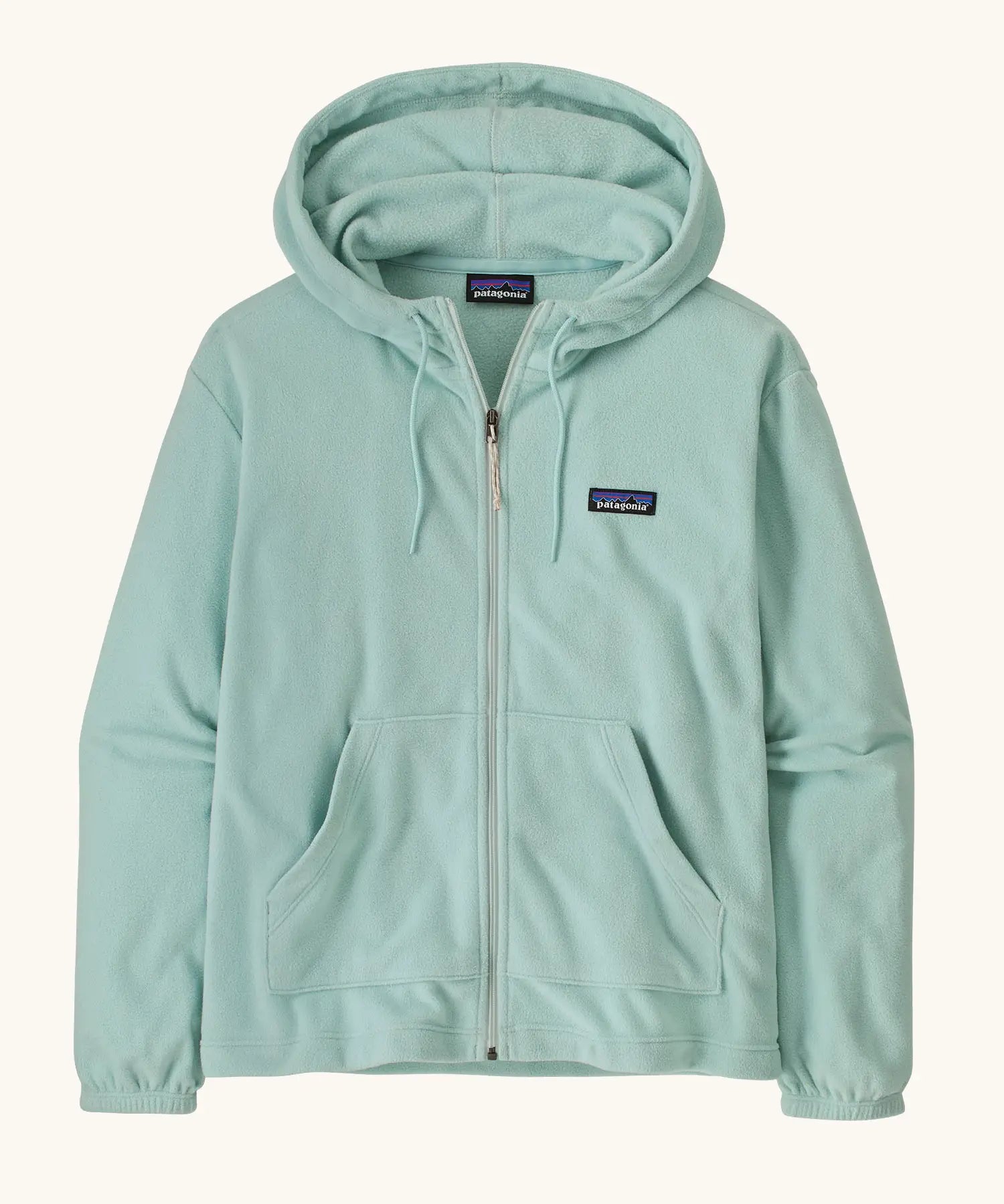 Patagonia women's micro d hooded fleece in pastel blue. Shows a full length front zip, pouch pockets and drawstring cord around the hood.