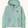 Patagonia women's micro d hooded fleece in pastel blue. Shows a full length front zip, pouch pockets and drawstring cord around the hood.