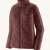 The front of the Patagonia women's nano puff jacket in dark ruby. A dark red jacket with rectangular puffer panels. Jacket features a full length zip and side pockets