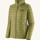The front of the Patagonia womens nano puff jacket in graze green. A dark green jacket with rectangular puffer panels. Jacket features a full length zip and side pockets
