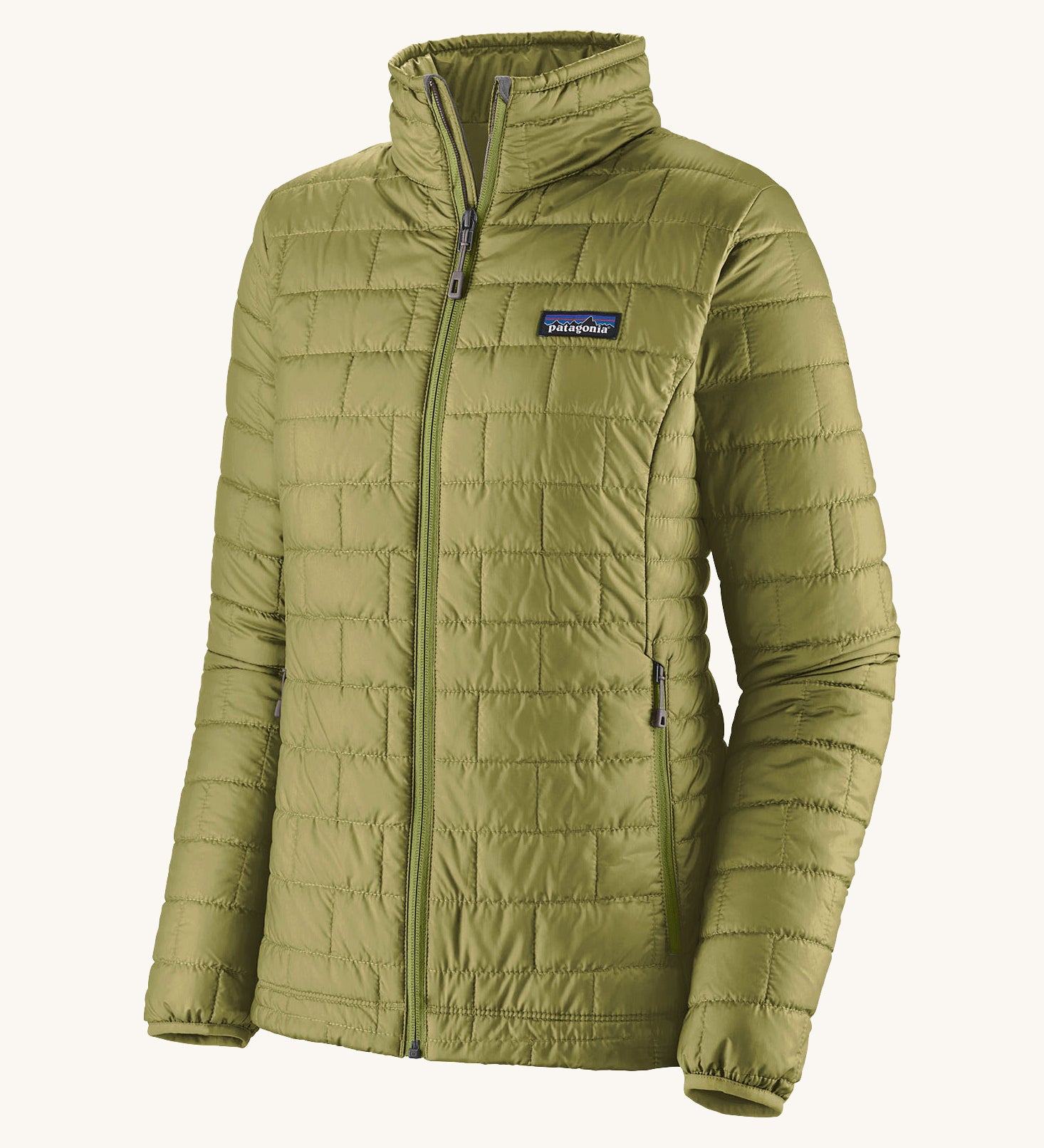 The front of the Patagonia womens nano puff jacket in graze green. A dark green jacket with rectangular puffer panels. Jacket features a full length zip and side pockets