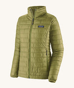 The front of the Patagonia womens nano puff jacket in graze green. A dark green jacket with rectangular puffer panels. Jacket features a full length zip and side pockets