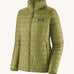 The front of the Patagonia womens nano puff jacket in graze green. A dark green jacket with rectangular puffer panels. Jacket features a full length zip and side pockets