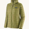 The front of the Patagonia womens nano puff jacket in graze green. A dark green jacket with rectangular puffer panels. Jacket features a full length zip and side pockets