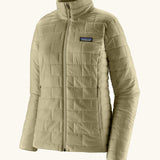 Patagonia women's nano puff jacket weathered stone lightweight insulated jacket showing brick quilting and zip handwarmer pockets