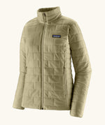 Patagonia women's nano puff jacket weathered stone lightweight insulated jacket showing brick quilting and zip handwarmer pockets