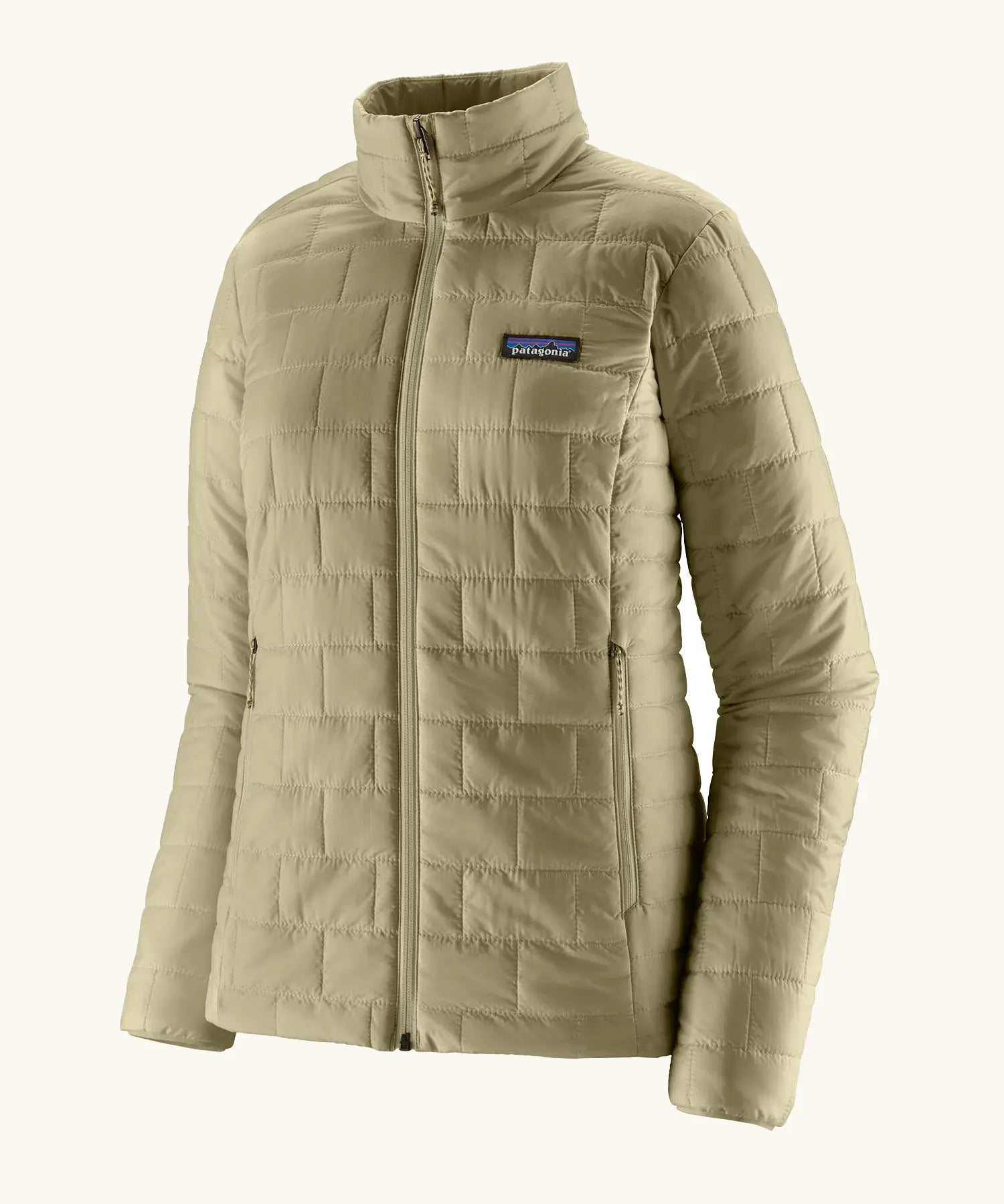 Patagonia women's nano puff jacket weathered stone lightweight insulated jacket showing brick quilting and zip handwarmer pockets