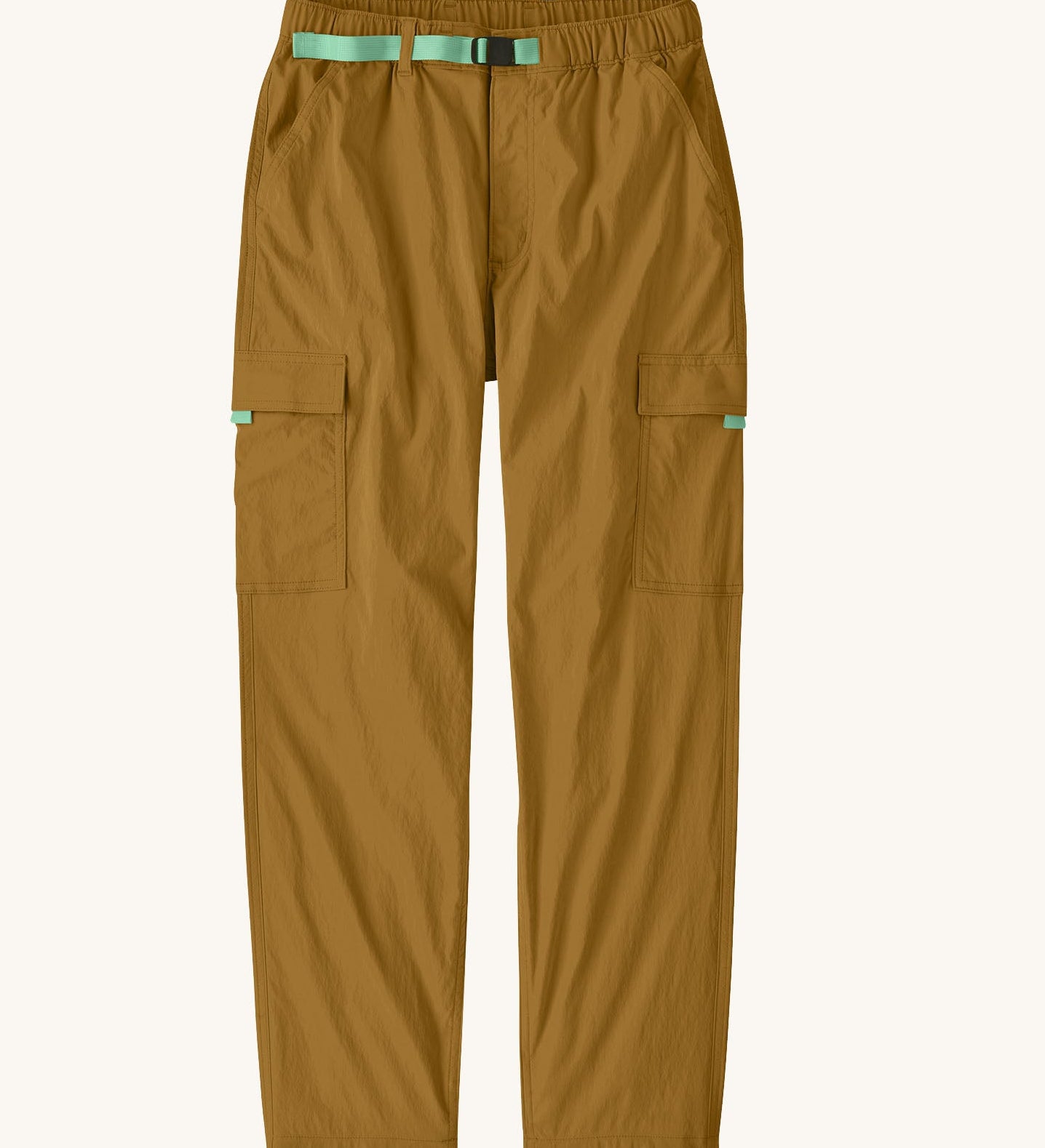 Patagonia women's lightweight cargo style trousers in light brown. Features a light blue belt and side pockets