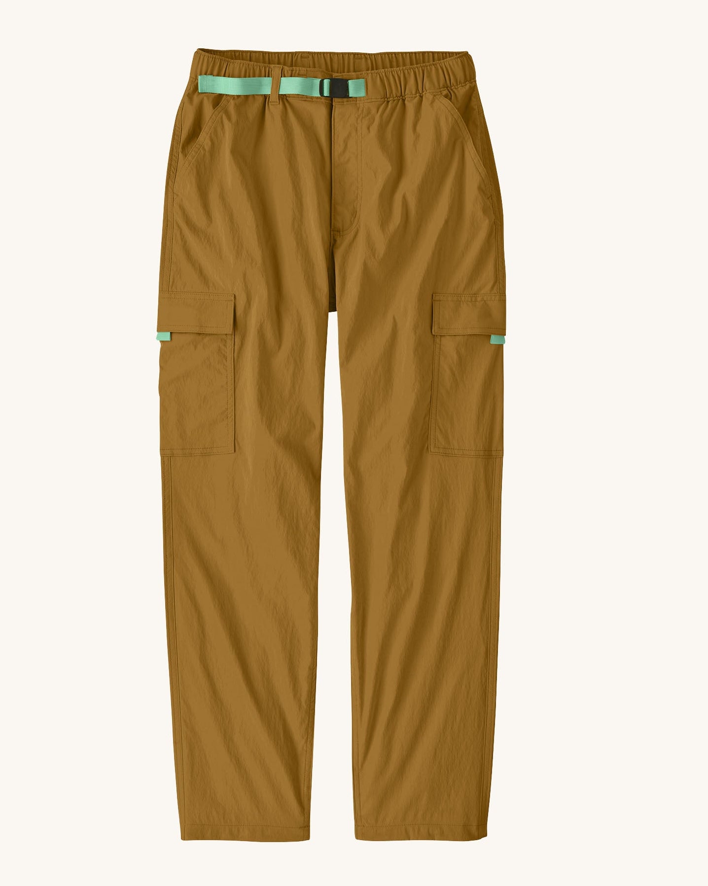 Patagonia women's lightweight cargo style trousers in light brown. Features a light blue belt and side pockets