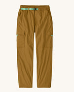 Patagonia women's lightweight cargo style trousers in light brown. Features a light blue belt and side pockets
