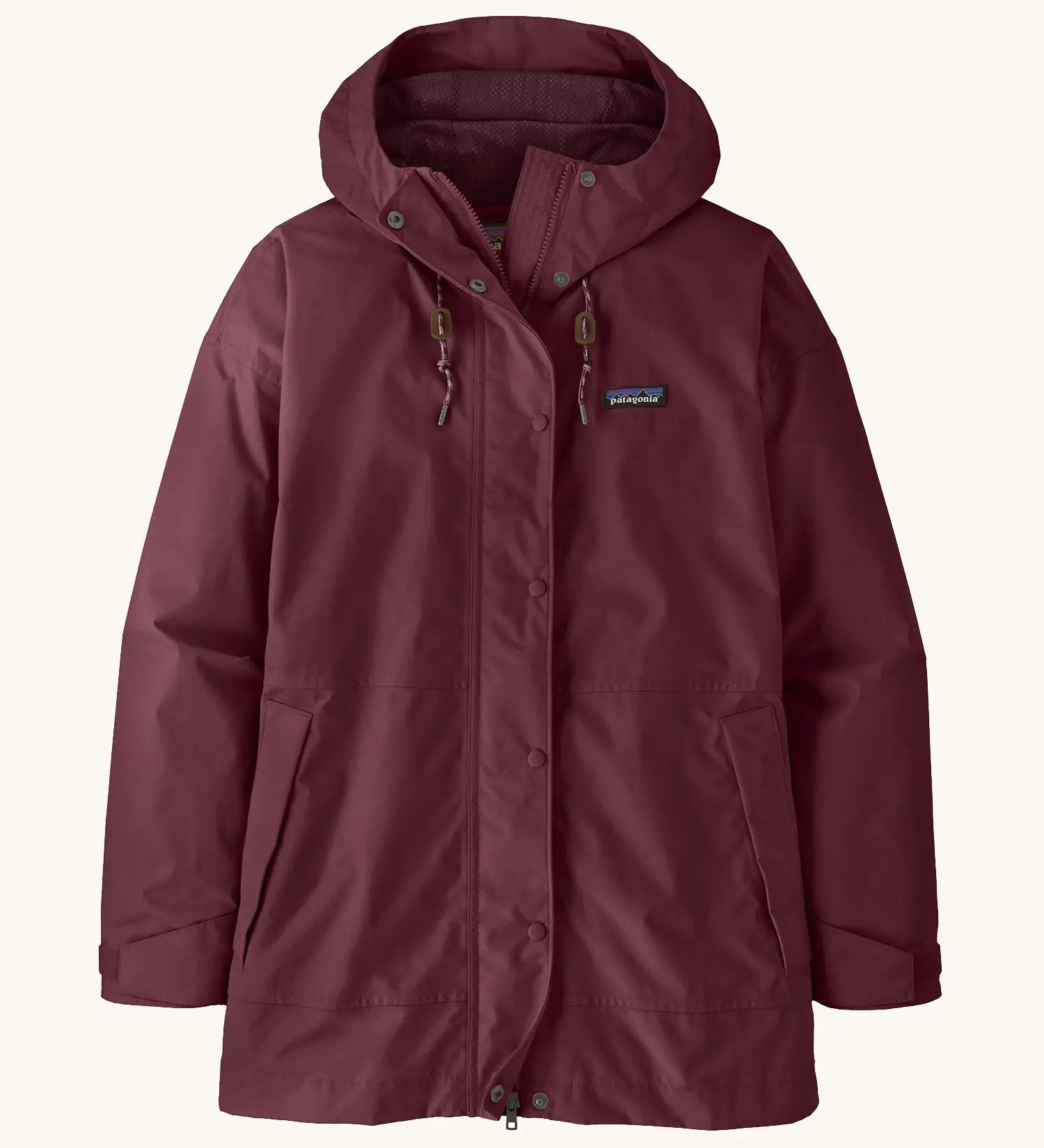 Patagonia women's outdoor everyday rain jacket in maroon. Features a full length zip and popper fastener, side pockets and adjustable hood
