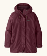 Patagonia women's outdoor everyday rain jacket in maroon. Features a full length zip and popper fastener, side pockets and adjustable hood