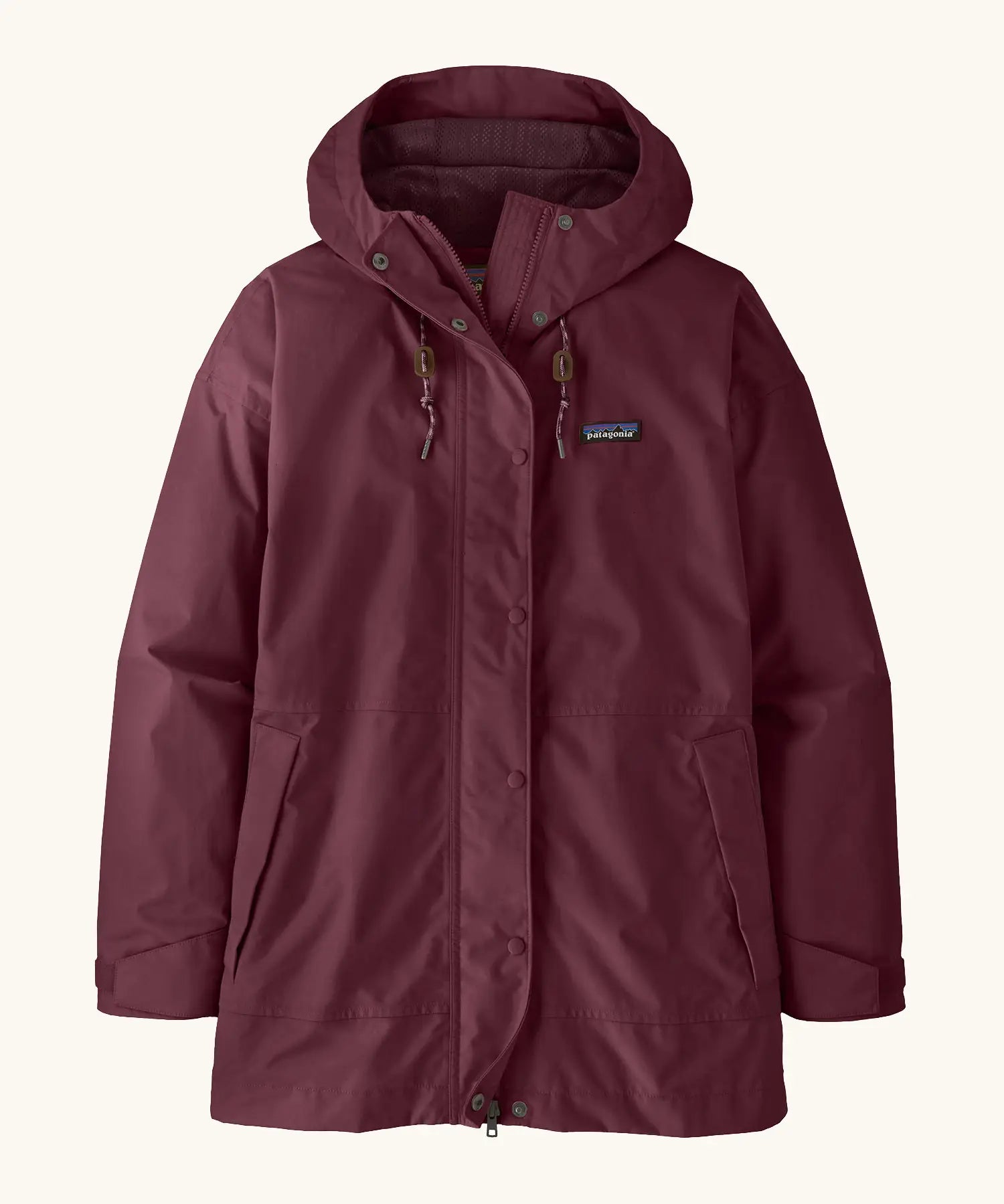 Patagonia women's outdoor everyday rain jacket in maroon. Features a full length zip and popper fastener, side pockets and adjustable hood