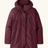 Patagonia women's outdoor everyday rain jacket in maroon. Features a full length zip and popper fastener, side pockets and adjustable hood