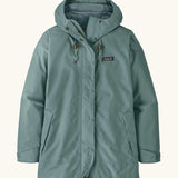 Patagonia women's outdoor everyday rain jacket in blue sage. Features a full length zip and popper fastener, side pockets and adjustable hood