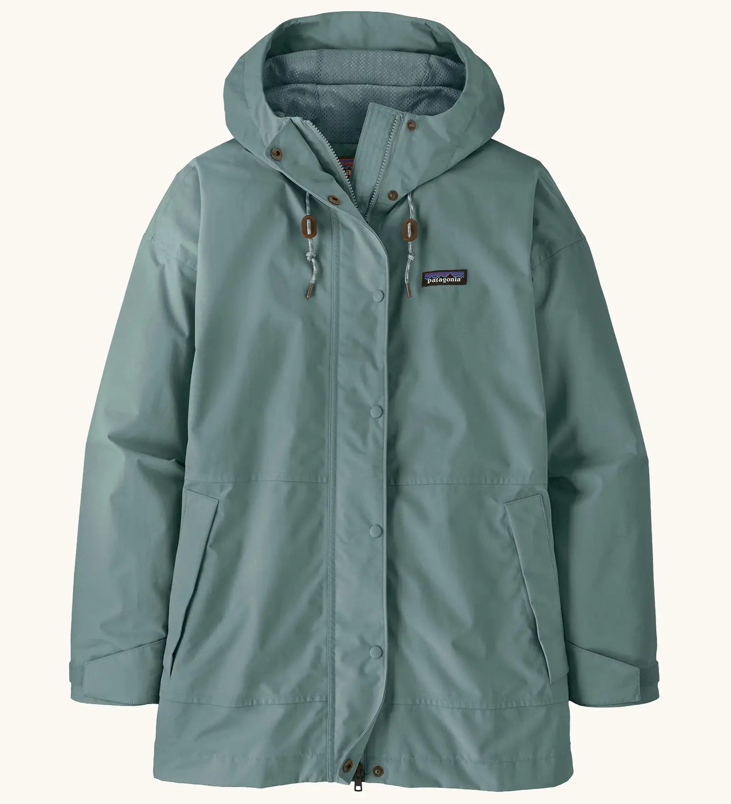 Patagonia women's outdoor everyday rain jacket in blue sage. Features a full length zip and popper fastener, side pockets and adjustable hood
