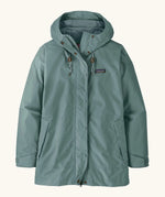 Patagonia women's outdoor everyday rain jacket in blue sage. Features a full length zip and popper fastener, side pockets and adjustable hood