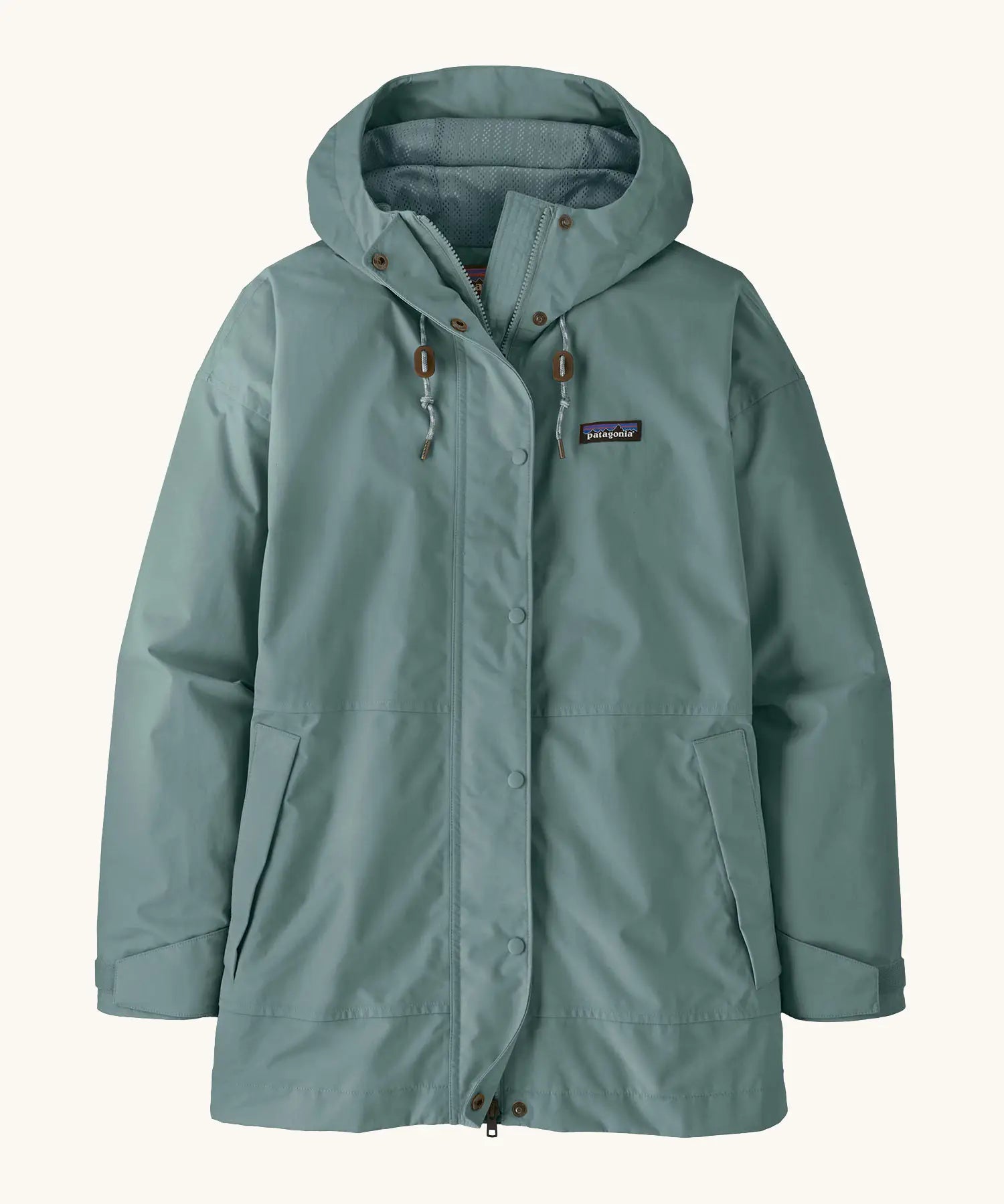 Patagonia women's outdoor everyday rain jacket in blue sage. Features a full length zip and popper fastener, side pockets and adjustable hood