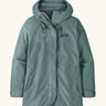 Patagonia women's outdoor everyday rain jacket in blue sage. Features a full length zip and popper fastener, side pockets and adjustable hood