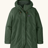 Patagonia women's outdoor everyday rain jacket in dark green. Features a full length zip and popper fastener, side pockets and adjustable hood