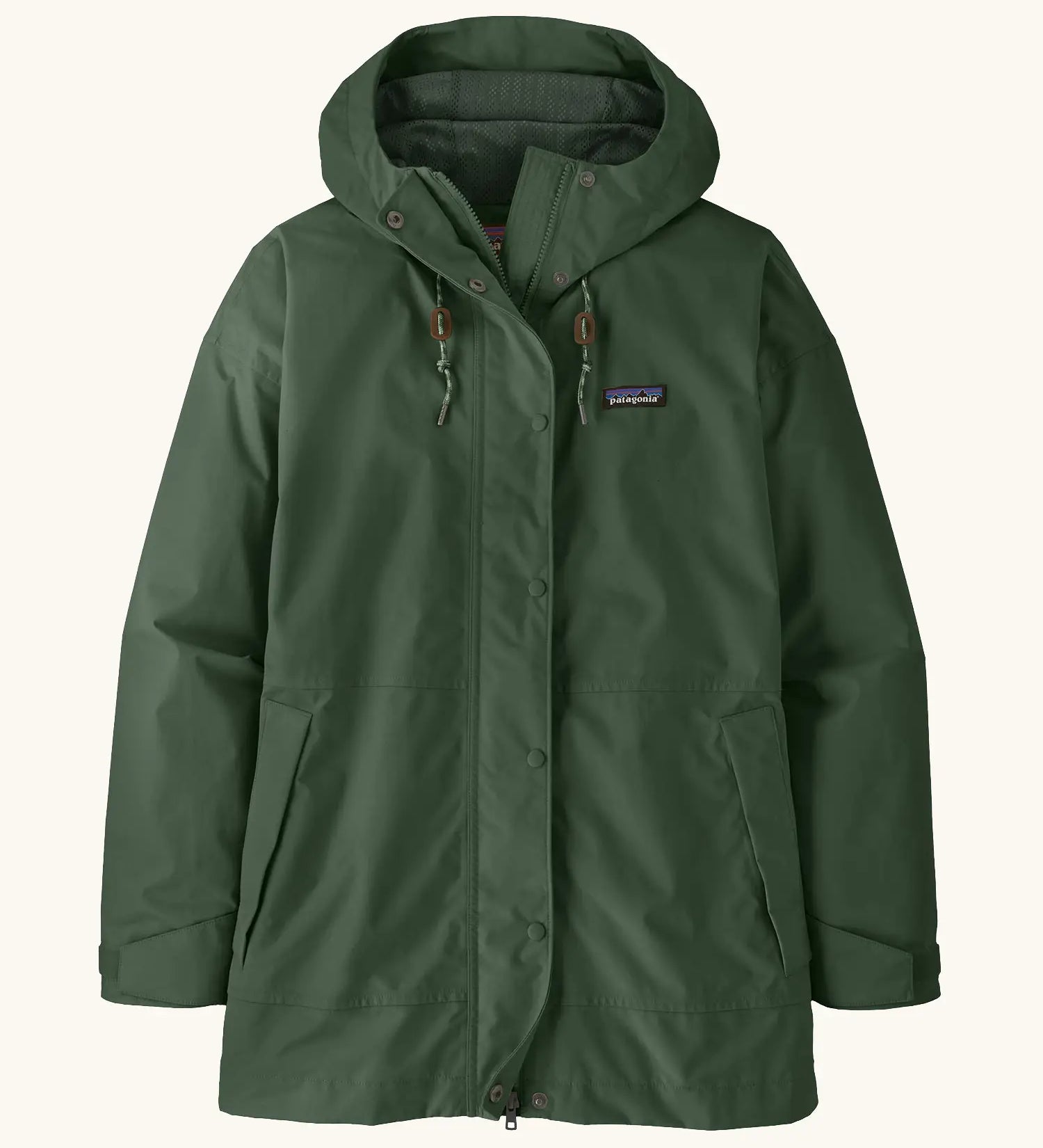 Patagonia women's outdoor everyday rain jacket in dark green. Features a full length zip and popper fastener, side pockets and adjustable hood