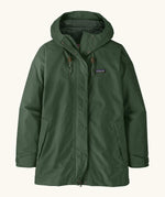 Patagonia women's outdoor everyday rain jacket in dark green. Features a full length zip and popper fastener, side pockets and adjustable hood
