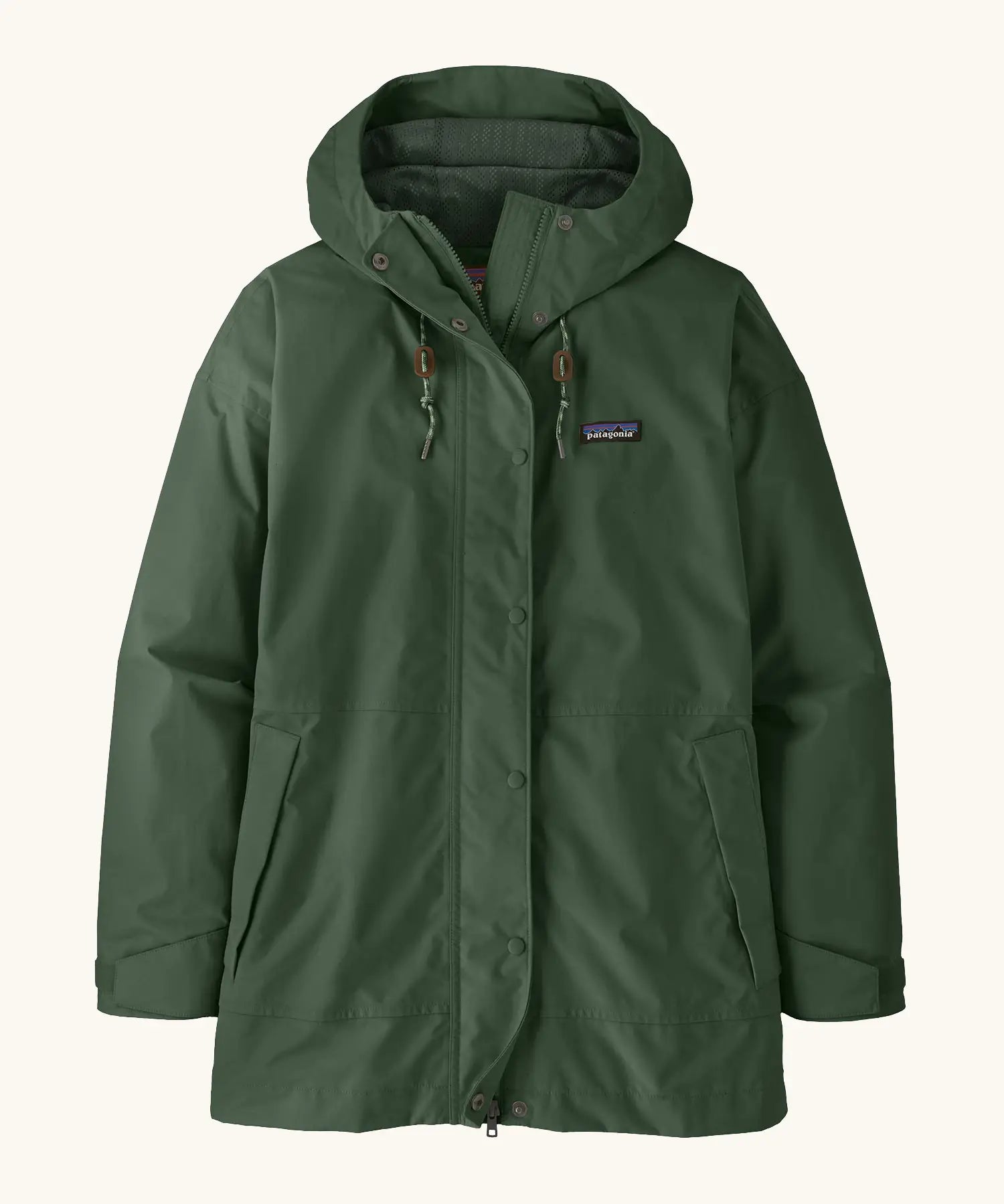 Patagonia women's outdoor everyday rain jacket in dark green. Features a full length zip and popper fastener, side pockets and adjustable hood