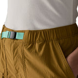 Close up of Patagonia women's outdoor everyday quick drying shorts in brown showing light green belt.