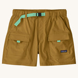 Patagonia women's outdoor everyday quick drying shorts in light brown. Shows side and front pockets and green belt.