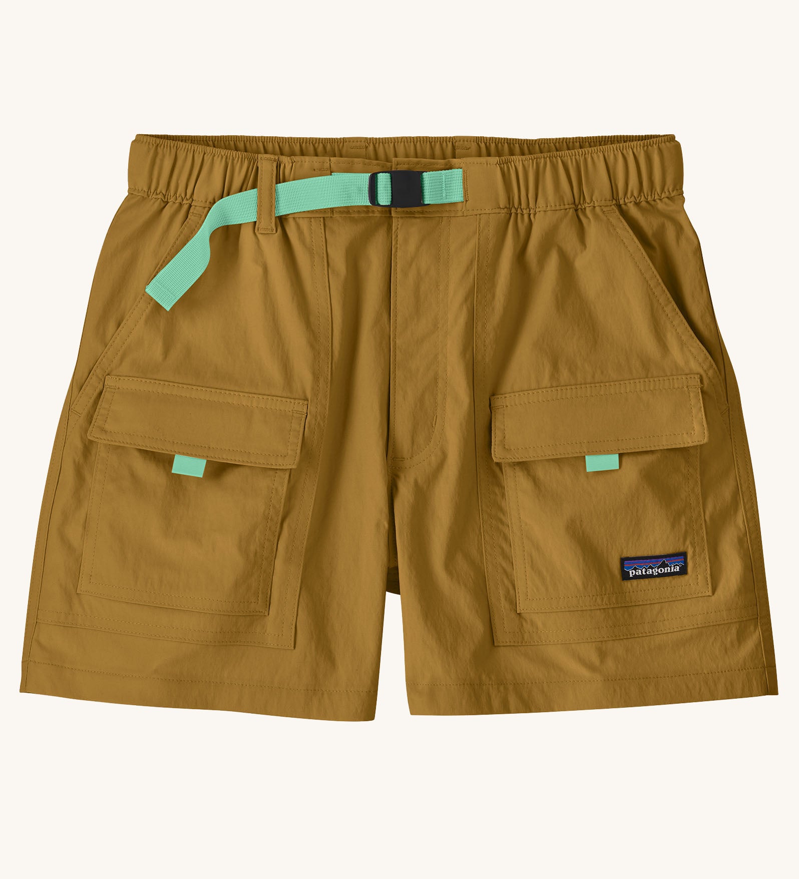 Patagonia women's outdoor everyday quick drying shorts in light brown. Shows side and front pockets and green belt.