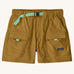 Patagonia women's outdoor everyday quick drying shorts in light brown. Shows side and front pockets and green belt.