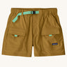Patagonia women's outdoor everyday quick drying shorts in light brown. Shows side and front pockets and green belt.