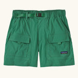 Patagonia women's outdoor everyday quick drying shorts in green. Shows side and front pockets and matching green belt.