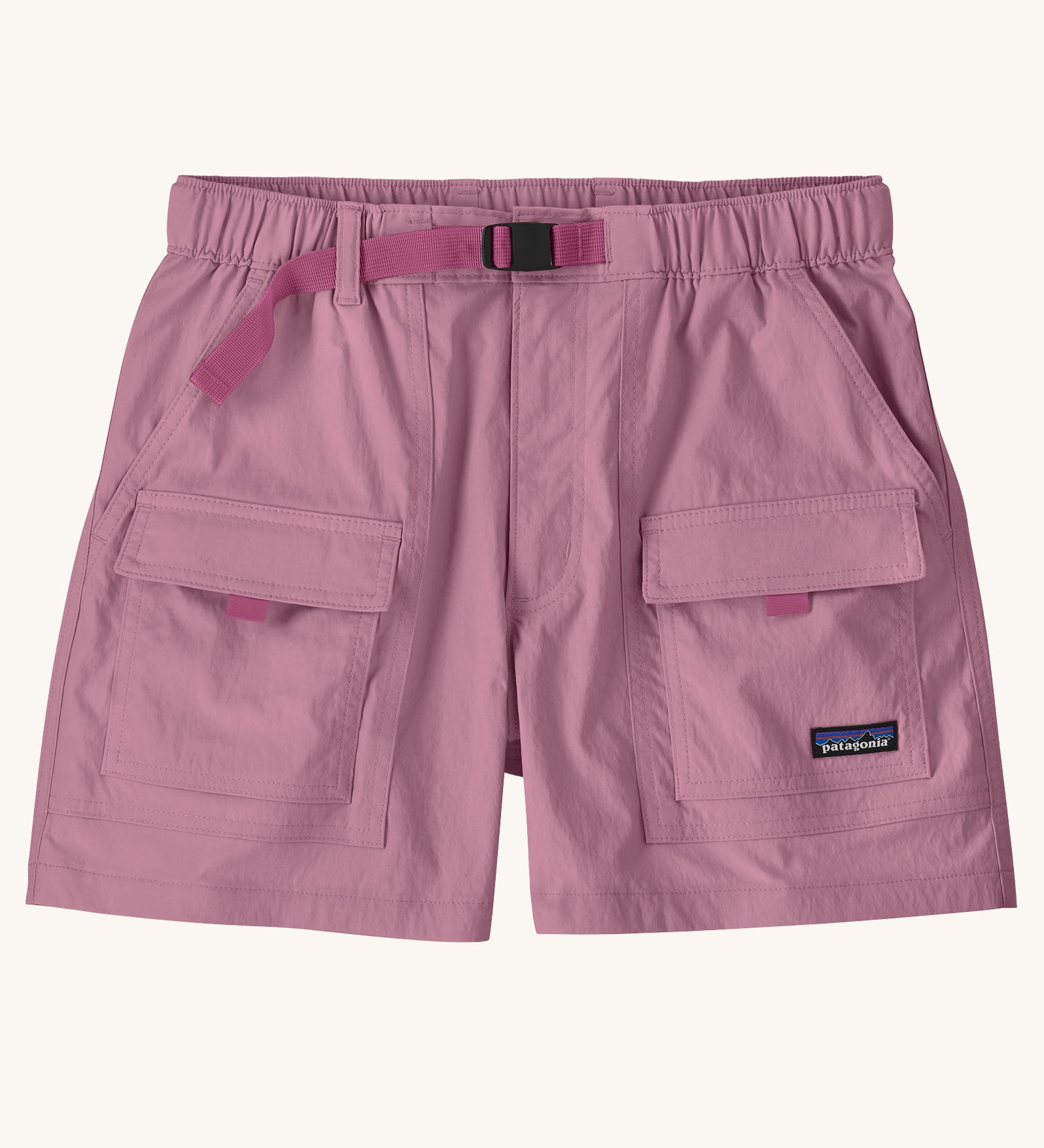 Patagonia women's outdoor everyday quick drying shorts in light purple. Shows side and front pockets and pink belt.