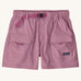 Patagonia women's outdoor everyday quick drying shorts in light purple. Shows side and front pockets and pink belt.