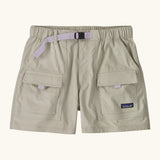 Patagonia women's outdoor everyday quick drying shorts in light grey. Shows side and front pockets and purple belt.