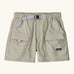 Patagonia women's outdoor everyday quick drying shorts in light grey. Shows side and front pockets and purple belt.