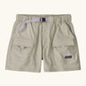 Patagonia women's outdoor everyday quick drying shorts in light grey. Shows side and front pockets and purple belt.