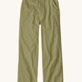 Patagonia women's lightweight canvas trousers with a wide leg in light green colour. Features a button fastener and side pockets.