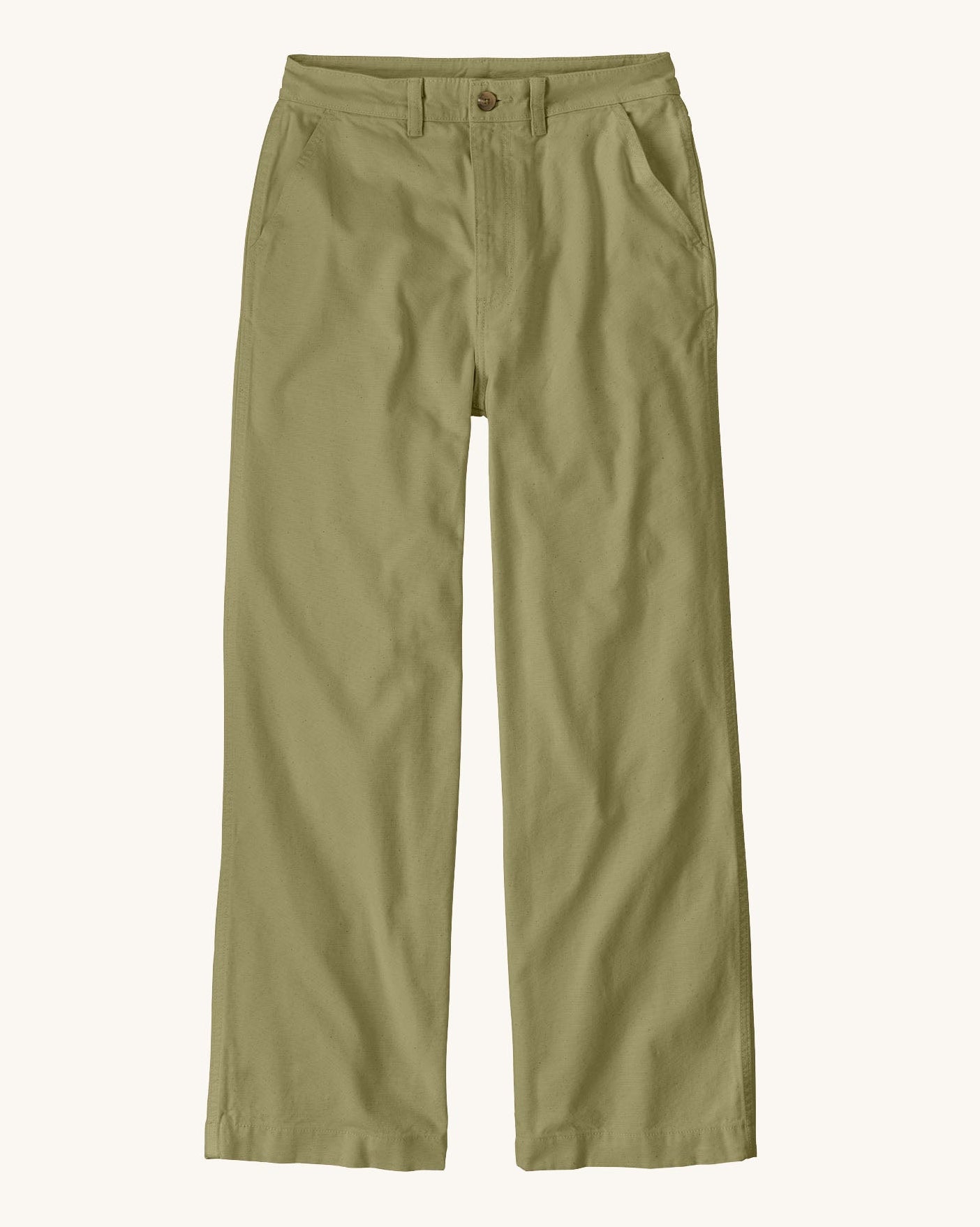Patagonia women's lightweight canvas trousers with a wide leg in light green colour. Features a button fastener and side pockets.