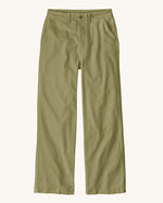 Patagonia women's lightweight canvas trousers with a wide leg in light green colour. Features a button fastener and side pockets.