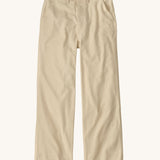 Patagonia women's canvas trousers with a wide leg in cream colour. Features a button fastener and side pockets.