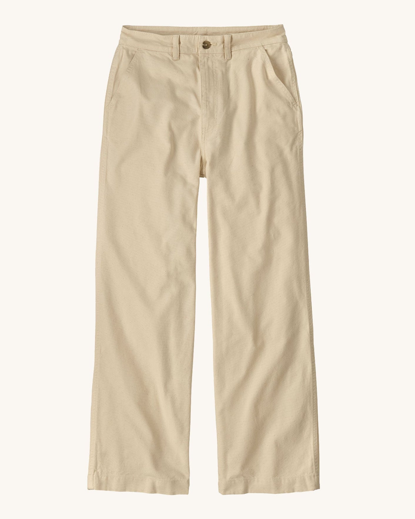 Patagonia women's canvas trousers with a wide leg in cream colour. Features a button fastener and side pockets.