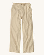 Patagonia women's canvas trousers with a wide leg in cream colour. Features a button fastener and side pockets.