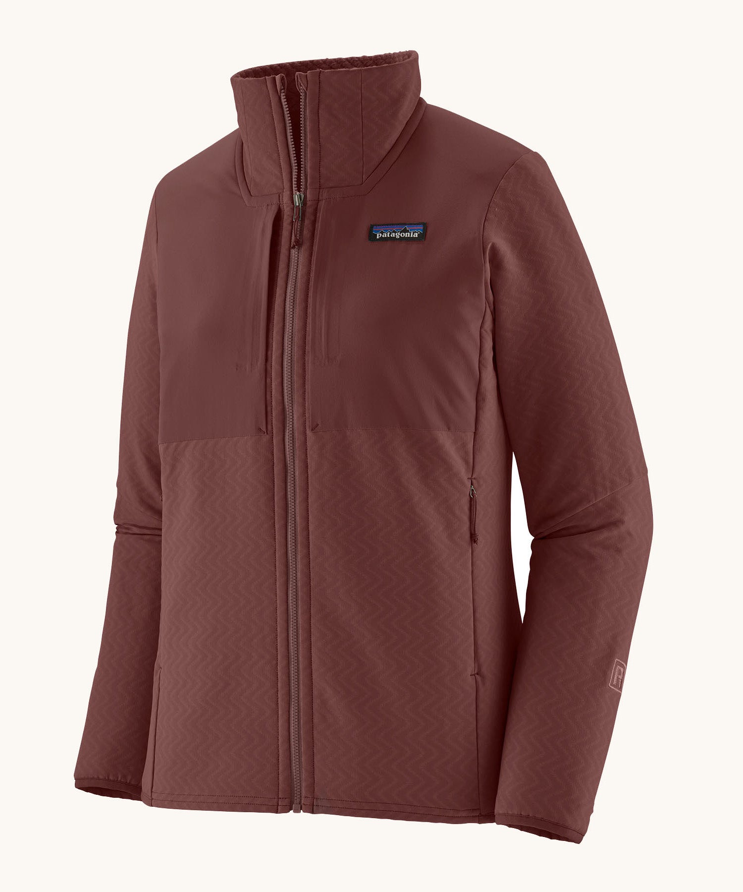 Patagonia women's R2 Crosstrata jacket in dark ruby colour available at Babipur. A technical jacket with a full length zip, side and chest pocket. 