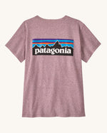 Patagonia women's responsibili short sleeve t-shirt in pale purple with large brand patch on upper back. T-shirt has a relaxed fit