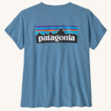 Patagonia women's responsibili short sleeve t-shirt in pale blue with large brand patch on upper back. T-shirt has a relaxed fit
