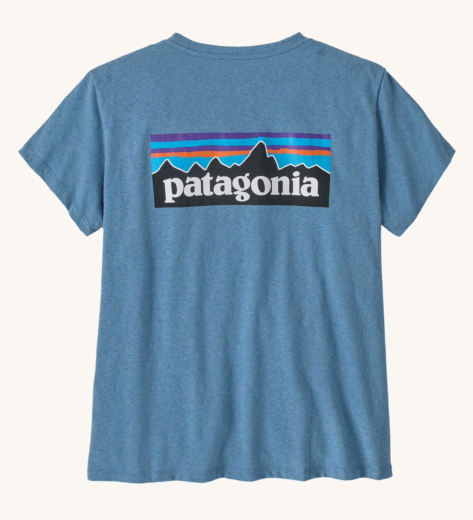 Patagonia women's responsibili short sleeve t-shirt in pale blue with large brand patch on upper back. T-shirt has a relaxed fit