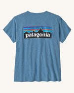 Patagonia women's responsibili short sleeve t-shirt in pale blue with large brand patch on upper back. T-shirt has a relaxed fit